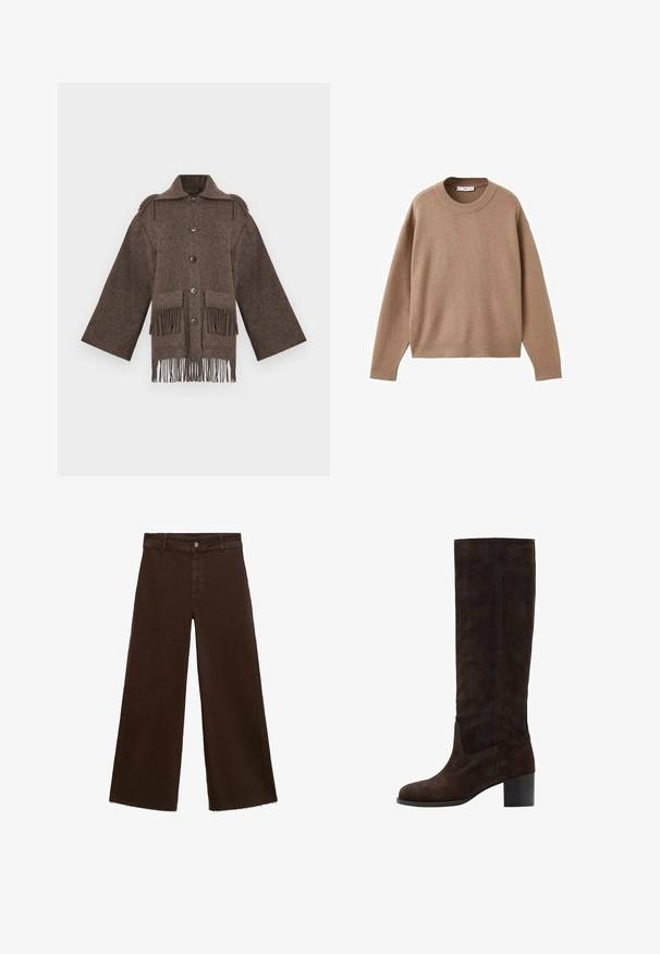Palton maro din lână cu mâneci largi, închidere cu nasturi, două buzunare mari și detalii cu franjuri la tiv. Design texturat, supradimensionat.; Pulover bej deschis cu mâneci lungi și gât rotund, cu manșete, tiv și guler ribb. Este expus plat pe un fundal alb.; Pantaloni largi maro dintr-un amestec de bumbac, cu un tiv desfăcut, închidere cu buton frontal și un design clasic cu cinci buzunare. Minimalist și versatil.; Botă vișinie din suede până la genunchi, cu vârf pătrat și toc bloc. Textură netedă și detalii minime de coasere pe partea exterioară.