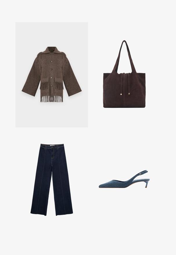 Cappotto di lana marrone con maniche larghe, chiusura frontale con bottoni, due grandi tasche e dettagli a frange sull'orlo. Design testurizzato e oversize.; Maglione beige chiaro a maniche lunghe con scollo rotondo, dotato di polsini, orlo e scollatura a coste, presentato piegato su uno sfondo bianco.; Pantaloni in denim scuro a gamba larga con cuciture a contrasto, vita alta e taglio dritto. Presentano tasche anteriori e una chiusura classica con bottone.; Décolleté in denim con punta affusolata e tacco basso e sottile. Presenta un tessuto testurizzato in blu scuro e un design elegante e snello.; Mango Shopping bag - dark brown