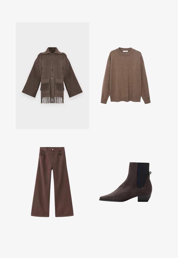 Brun yllekappa med vida ärmar, knappar fram, två stora fickor och fransdetaljer vid fållen. Texturerad, överdimensionerad design.; Brunstickad tröja med rund halsringning och långa ärmar. Har en avslappnad passform och ribbade manschetter och nederkant för extra textur.; Bruna vida byxjeans i denim. Har fem fickor, dragkedja och metallnitar. Slät textur och klassisk design.; Mörkgrå mocka ankelskåp med spetsig tå, elastiska sidopaneler och en liten blockklack. Har en dragflik baktill.