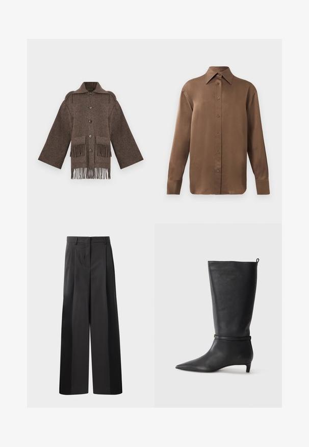 Barna gyapjúkabát széles ujjakkal, gombos elülső résszel, két nagy zsebbel és rojtos részletekkel az alsó szegélyen. Texturált, túlméretezett kialakítás.; Barna, hosszúujjú, gombos ing, hegyes gallérral és mandzsettákkal, egyszerű fehér háttér előtt kiemelve.; Fekete, bő szárú nadrág magas derékkal, elöl plissékkel, sima felülettel és igényes kidolgozással. Kényelmes viseletre tervezve.; Fekete bőr, térd fölé érő csizma, hegyes orral, kör alakú pánttal a bokán és alacsony, keskeny sarkú. Simára csiszolt textúra.