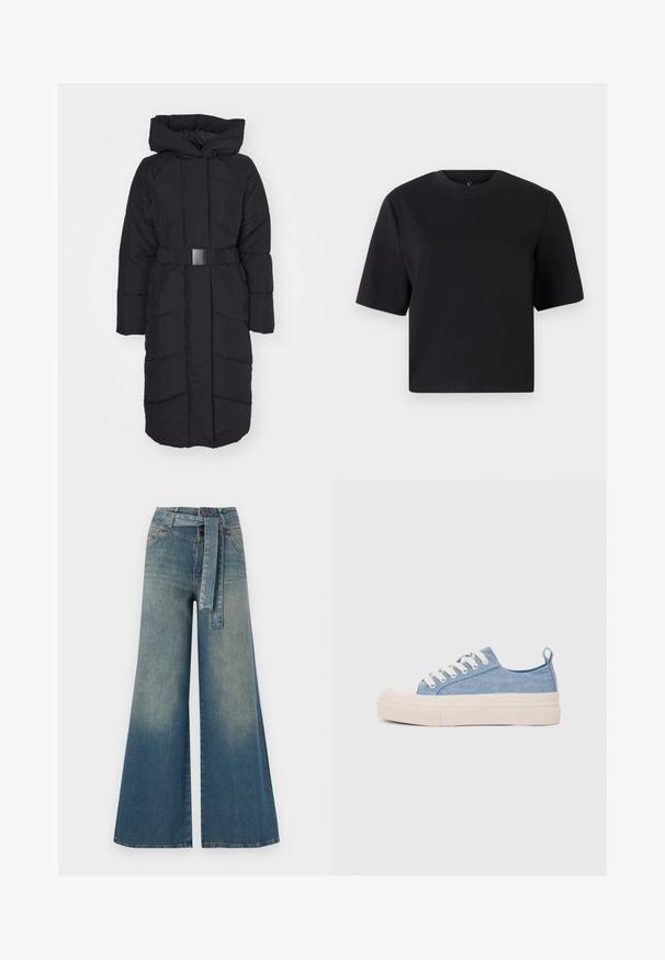 ONLY ONLJOANNE BELTED PUFFER COAT - Talvemantel - black; Musthave lühikeste käistega must T-särk, ümar kaelus, valmistatud siledast puuvillast kangast; lõdva lõikega, minimaalne disain, ilma nähtavate mustrite või aktsentideta.; Laiad denimpüksid, millel on hele tume sinine gradiendiefekt, kõrge vöökoht, vöökumlid ja sobivast kangast vöö. Struktureeritud denimi viimistlus.; Heledad sinised kangast tennisekingad koorevärvi kummist varbakatte ja taldaga, millel on valged paelad ja tõmblukk kandadel.