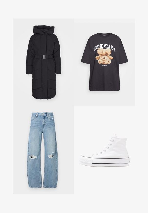 ONLY ONLJOANNE BELTED PUFFER COAT - Abrigo de invierno - black; Camiseta negra de gran tamaño con un gráfico de un oso y el texto "NO LINDO SINO SALVAJE" en letras blancas y en negrita. Material de algodón.; Vaqueros de mezclilla de tiro alto en azul claro. Tienen piernas anchas, dos áreas desgastadas en las rodillas y un estilo clásico de cinco bolsillos.; Zapatilla de lona alta blanca con suela de goma negra, puntera de goma frontal y seis ojetes para los cordones, que presenta un diseño limpio y minimalista.