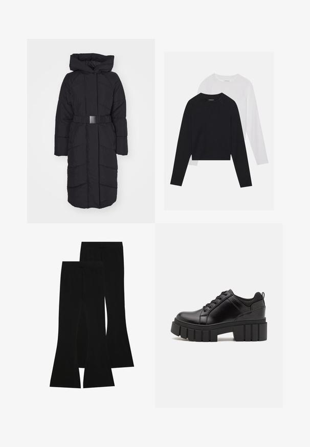 ONLY ONLJOANNE BELTED PUFFER COAT - Zimní kabát - black; Dvě dlouhé rukávy: jedno černé a jedno bílé. Obě mají kulatý výstřih, raglánové rukávy a měkkou bavlněnou směs.; Černé zvonové kalhoty vyrobené z elastického materiálu, s vysokým pasem a hladkou texturou, s přiléhavým střihem, který se rozšiřuje od kolena.; Černé kožené platformové boty s masivním blokovým podpatkem, kulatou špičkou a tradičním šněrováním. Mají hladký povrch a minimální detaily.