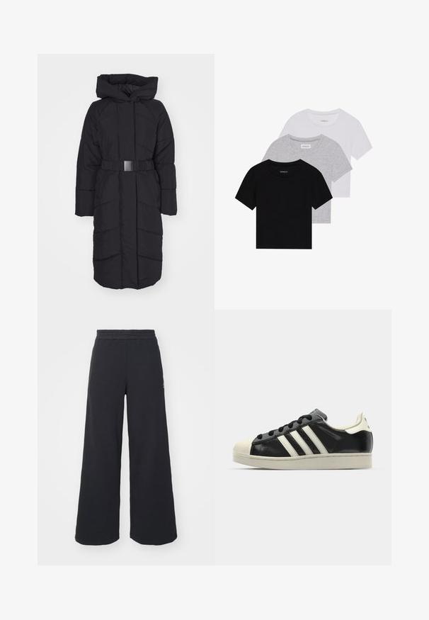 ONLY ONLJOANNE BELTED PUFFER COAT - Ziemas mētelis - black; Trīs īsām piedurknēm T-krekli melnā, pelēkā un baltā krāsā. Izgatavoti no kokvilnas, ar apaļu kakla izgriezumu un vienkāršu, viendabīgu krāsas dizainu.; Melni platās svārku bikses, izgatavotas no mīksta auduma, ar elastīgu jostas daļu un mazu logotipu kreisajā pusē.; Melna ādas sporta apava ar baltām svītrām, gumijas purngala aizsardzību, melnām auklām un krēma krāsas zoli. Gluda tekstūra ar spīdīgu apdari.