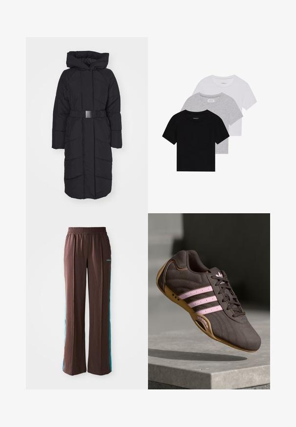 ONLY ONLJOANNE BELTED PUFFER COAT - Žieminis paltas - black; Trijų trumpomis rankovėmis marškinėlių rinkinys juodos, pilkos ir baltos spalvos. Pagaminti iš medvilnės, turi apvalų iškirpimą ir paprastą, vientisos spalvos dizainą.; Rudos sportiniai kelniukai su raukšlėtu paviršiumi, elastinga juosta ir turkio spalvos šoninėmis juostelėmis. Priekyje yra adidas logotipas.; Rudos suedinės sportinės bateliai su rožinėmis juostelėmis ir logotipu, turintys tekstūruotą viršutinę dalį, raištelių uždarymą ir guminį padą.