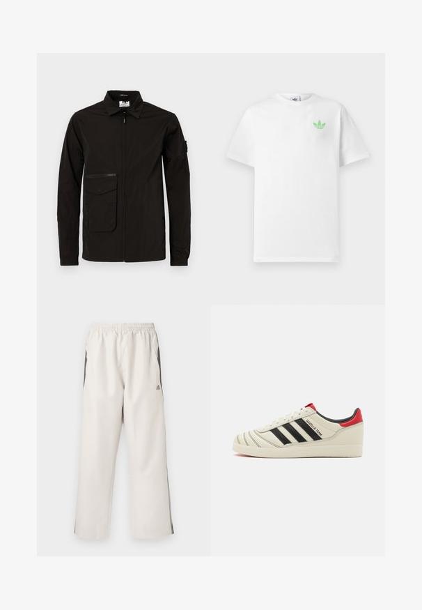Melns viegls jakas ar priekšējo rāvējslēdzēju, lielu kabatu ar atloku un papildus rāvējslēdzēja kabatu krūtīs. Satur apkakli un elastīgas aproces.; Balts kokvilnas T-krekls ar īsām piedurknēm, kuram ir neliels zaļš Adidas logo kreisajā krūtīs. Vienkāršs, klasiskas dizaina ar noapaļotu dekoltē.; Gai beigā krāsa sporta bikses ar elastīgu jostu, sānu kabatām, melniem sānu svītrām un Adidas logotipu kreisajā augšstilbā. Gluda auduma tekstūra.; Krēmkrāsas ādas kedas ar melnām svītrām, sarkanu papēža akcentu un teksturētām detaļām. Aprīkotas ar gumijas zoli un auklīšu aizdari.
