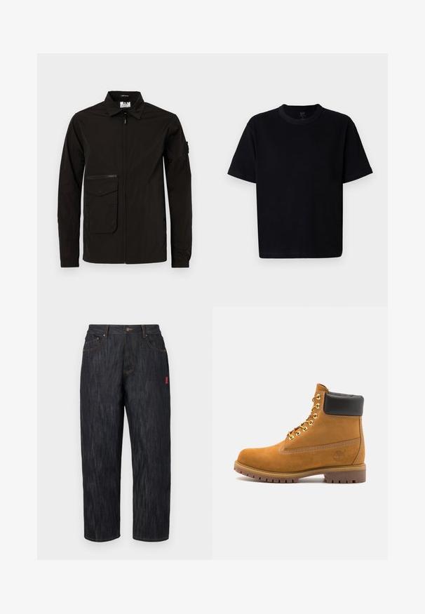 Svart lett jakke med frontglidelås, stor klafflomme og en ekstra glidelåslomme på brystet. Har krage og elastiske mansjetter.; Svart bomulls t-skjorte med rund hals, korte ermer og rett snitt. Har minimal søm og en myk, glatt tekstur.; Mørke denimjeans med løs passform. Har knappelukking, fem lommer og kontrasterende oransje sømmer. Rød etikett på siden.; Beige semskede ankelstøvel med svart polstret krage, gullmetalløyer, hvite sømdetaljer og robust gummisåle med påfallende mønster.