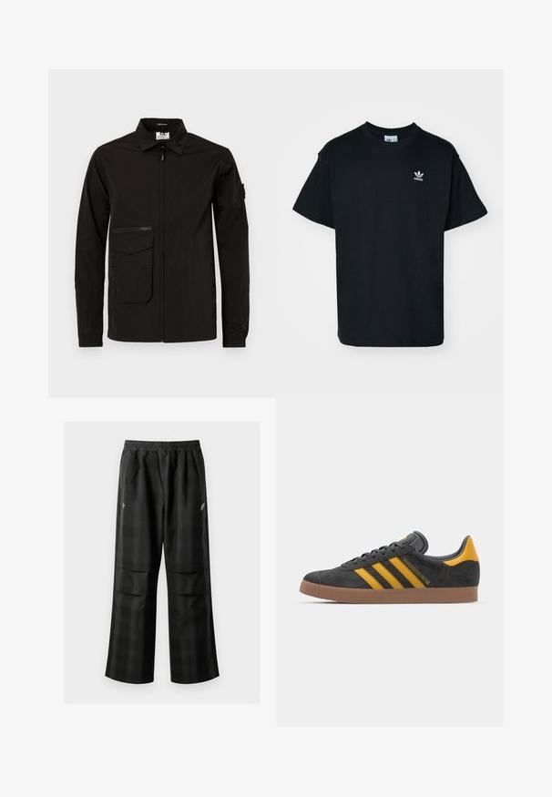 Mustat kevyet takit, joissa on etuvetoketju, suuri läpällinen tasku ja lisävetoketjullinen rintatasku. Ominaisuuksiin kuuluvat kaulus ja joustavat hihansuut.; Mustapuuterinen t-paita, jossa on pyöreä kaula-aukko ja lyhyet hihat. Vasemman rinnan alueella on pieni valkoinen Adidas-logo.; Mustat ruudulliset housut, joissa on joustava vyötärö, kaksi etutaskua ja rento istuvuus suoralla lahkeella. Valmistettu kevyestä materiaalista.; Mustat samettiset tennarit, joissa on keltaisia yksityiskohtia, kolmonen raita ja ruskea kumipohja. Sisältää pehmustetun kielisen mukavuutta varten.