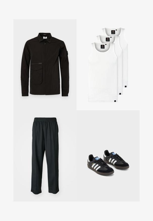 Juodas lengvas džemperis su priekiniais užtrauktukais, dideliu kišeniu su apvalkalu ir papildomu užtrauktuku krūtinės kišenėje. Yra apykaklė ir elastiniai rankogaliai.; Trys balti, dryžuoti marškiniai be rankovių, pagaminti iš medvilnės. Yra apvalus kaklas ir maži juodi etiketės netoli siūlės. Siūlomi įvairių dydžių.; Juodi sportiniai kelnių modeliai su elastinga juosmena, pagaminti iš šiurkščios medžiagos, su subtiliomis šoninėmis siūlėmis ir laisva, tiesia koja.; Juodi sportiniai bateliai su zomšos ir sintetine viršutine dalimi, turintys tris baltas juosteles, tekstūruotą gumos pado paviršių ir mėlyną logotipo etiketę ant liežuvėlio.