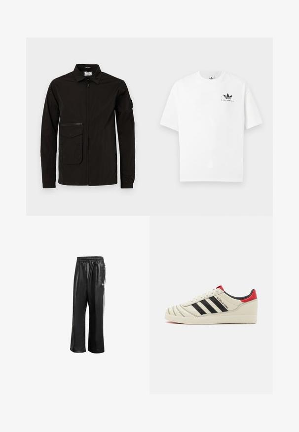 Sort letvægtsjakke med frontlynlås, en stor lommeklap og en ekstra lynlåslomme på brystet. Har krave og elastiske manchetter.; Hvid bomulds t-shirt med korte ærmer, der har et sort "BASKETBALL" logo og det ikoniske tre-stribes design på forsiden.; Sorte syntetiske træningsbukser med elastisk talje, prydet med hvide side-striber og et lille hvidt logo på venstre hofte.; Cremefarvede lædersneakers med sorte striber, røde hælindlæg og teksturerede detaljer. Har en gummisål og snørelukning.