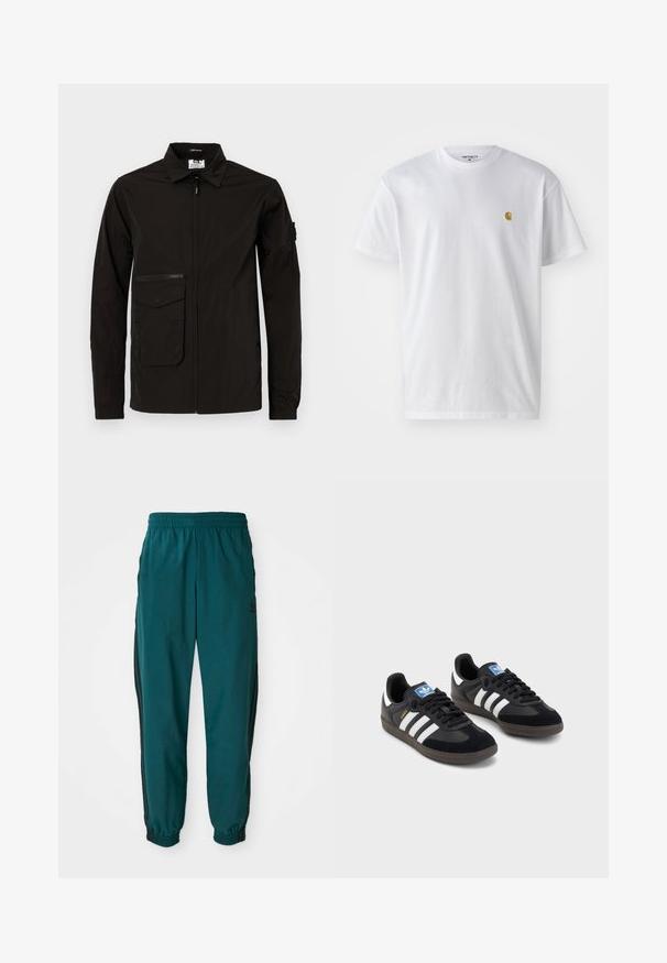 Svart lett jakke med frontglidelås, stor klafflomme og en ekstra glidelåslomme på brystet. Har krage og elastiske mansjetter.; Hvit bomull t-skjorte med korte ermer, rund hals, med en liten gulllogo på venstre brystområde. Myk tekstur og vanlig passform.; Teal idrettsbukser med snor i midjen, elastiske mansjetter og svarte striper på siden. Laget av lett materiale, med en logo nær hoften.; Svarte sneakers med overdel i semsket lær og syntetisk materiale, med tre hvite striper, strukturert gummisåle og blå logoetikett på tungen.