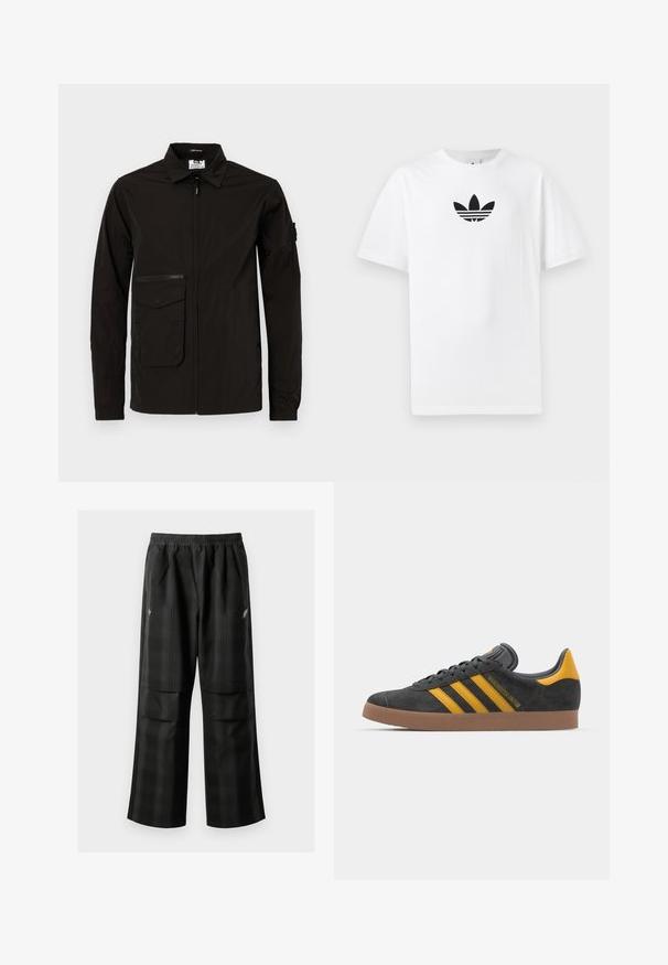 Czarna, lekka kurtka z zamkiem błyskawicznym z przodu, dużą kieszenią na klapie oraz dodatkową kieszenią na zamek na piersi. Posiada kołnierz i elastyczne mankiety.; Biała bawełniana koszulka z krótkim rękawem, z czarnym logo Adidas na środku. Klasyczny fason z okrągłym dekoltem. Gładka tekstura.; Czarne spodnie w kratę z elastycznym pasem, dwoma przednimi kieszeniami i luźnym krojem ze prostymi nogawkami. Wykonane z lekkiego materiału.; Czarne zamszowe sneakersy z żółtymi akcentami, z trzema paskami i brązową gumową podeszwą. Posiadają wyściełany język dla większego komfortu.