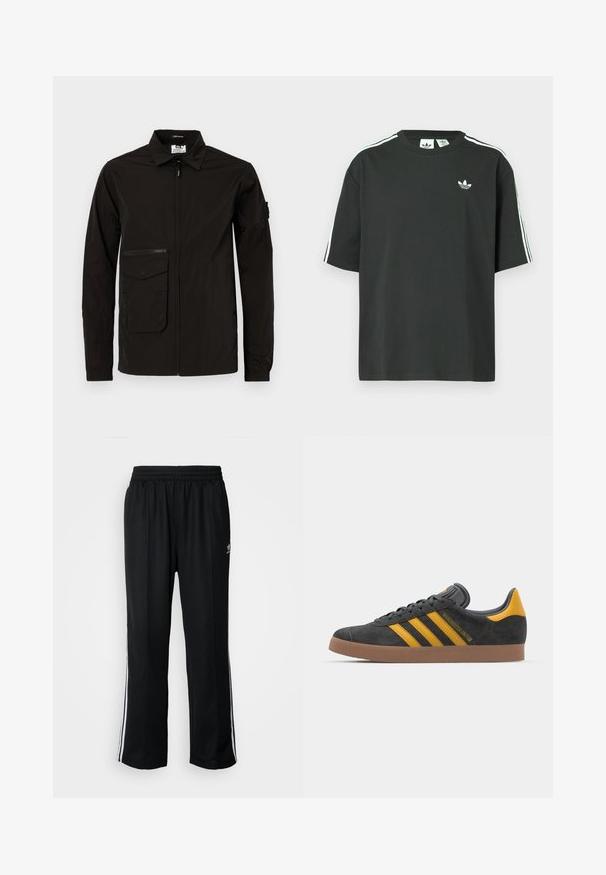 Sort letvægtsjakke med frontlynlås, en stor lommeklap og en ekstra lynlåslomme på brystet. Har krave og elastiske manchetter.; Sort bomulds-T-shirt med korte ærmer, rund hals og hvide tre-stribede detaljer på skuldrene. Har et lille hvidt logo på brystet.; Sorte træningsbukser med elastisk talje, der har hvide sidestænger og et lille logo. Materialet ser blødt og let ud.; Sort suedet sneaker med gule accenter, der har tre striber og en brun gummisål. Inkluderer en polstret tunge for komfort.