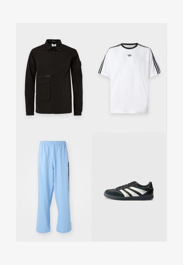 Sort letvægtsjakke med frontlynlås, en stor lommeklap og en ekstra lynlåslomme på brystet. Har krave og elastiske manchetter.; Hvid T-shirt lavet af bomuld, med en sort rund halsudskæring og tre sorte striber på hver skulder. Lille sort logo på brystet.; Lysblå atletisk bukser lavet af glat stof, med elastisk talje og kontrasterende sorte sidelister.; adidas Performance PREDATOR FREESTYLE JUDE INDOOR FOOTBALL SHOES - Indendørsfodboldstøvler - core black/silver-coloured/glory blue