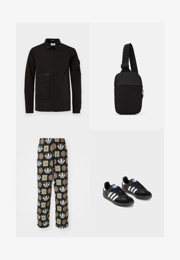 Mustad must jakk, millel on ees lukk, suur klapptasku ja lisaks veel lukuga rinna_tasku. Omab kaelust ja elastseid mansette.; Valge puuvillane t-särk lühikeste varrukatega, millel on mitmevärviline graafiline trükk jalgpallimütsist ja tekst "1972 MAAILMA MEISTRID."; Mustad püksid, millel on keeruline mustrivalik erinevatest kujunditest, sealhulgas lillenaisad ja triibud oranži, rohelise ja valge värviga.; Mustad tossud, mille pealseks on seemisnahk ja sünteetilised materjalid, kolme valge triibuga, tekstureeritud kummitald ja sinine logo silt keele peal.; Mustmust crossbody kott mustekangast, millel on üks reguleeritav rihm, lukuga põhiosas ja eesmine tasku.