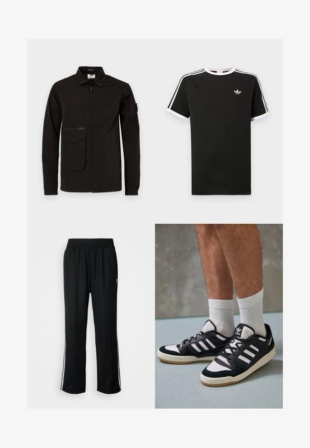 Czarna, lekka kurtka z zamkiem błyskawicznym z przodu, dużą kieszenią na klapie oraz dodatkową kieszenią na zamek na piersi. Posiada kołnierz i elastyczne mankiety.; Czarny t-shirt wykonany z bawełny z białymi akcentami. Posiada krótkie rękawy, fason raglanowy oraz małe logo na klatce piersiowej. Trzy białe paski na ramionach.; Czarne sportowe spodnie z elastycznym paskiem w talii, z białymi paskami po bokach i małym logo. Materiał wydaje się miękki i lekki.; Czarno-białe sneakersy z zamszową i skórzaną cholewką, z trzema białymi paskami, perforowanym czubkiem i gumową podeszwą w kolorze gumy.