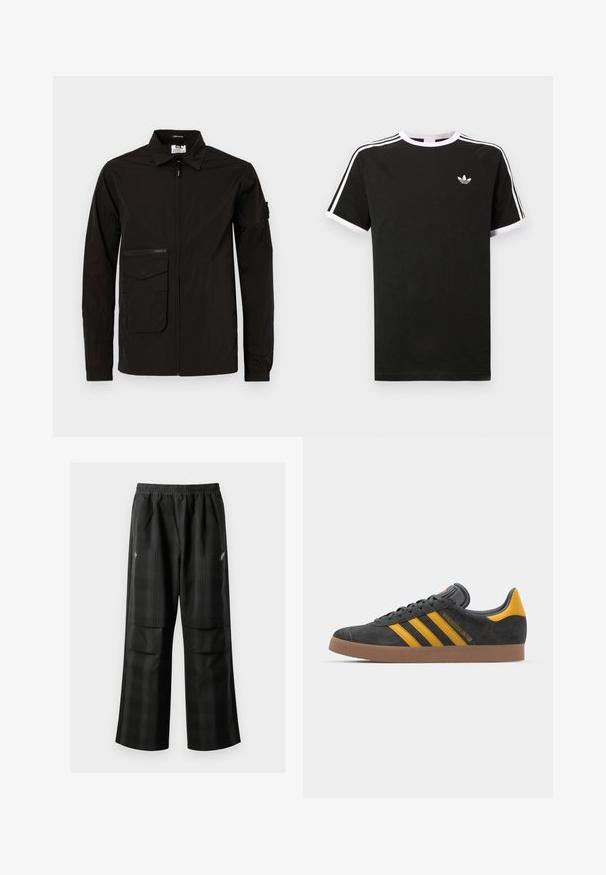 Sort letvægtsjakke med frontlynlås, en stor lommeklap og en ekstra lynlåslomme på brystet. Har krave og elastiske manchetter.; Sort t-shirt lavet af bomuld med hvide accenter. Har korte ærmer, raglan-design og et lille logo på brystet. Tre hvide striber på skuldrene.; Sorte ternede bukser med elastisk talje, to forlommer og en løs pasform med lige ben. Fremstillet af letvægtsmateriale.; Sort suedet sneaker med gule accenter, der har tre striber og en brun gummisål. Inkluderer en polstret tunge for komfort.