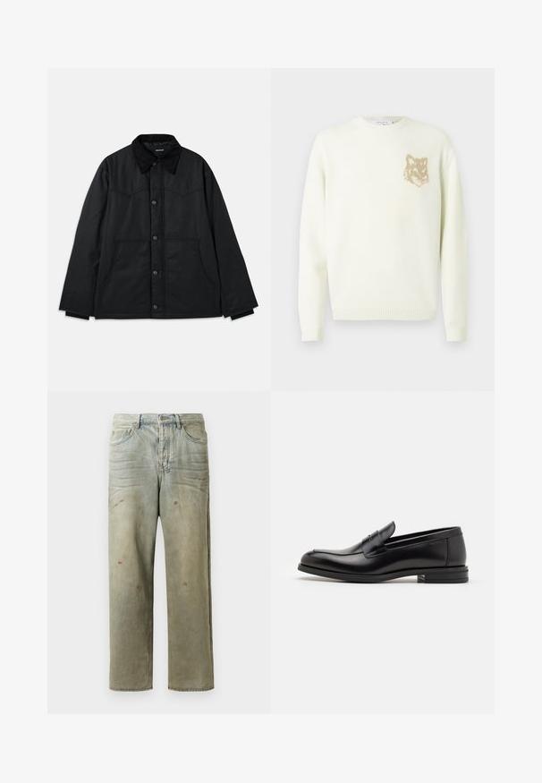 Melna auduma jaka ar pogu aizdari, ar kontrastējošu teksturētu apkakli, sānu kabatām un delikātiem šuvēm. Nav redzamu logo.; Kremkrāsas džemperis ar garām piedurknēm un mazu beigu brūnu lāču galvas grafiku kreisajā krūtīs, ribotām piedurknēm un apakšmalu.; Izsistās džinsās gaisā zaļā krāsā, ar taisnu kāju, piecu kabatu dizainu un nevienmērīgu izbalēšanu, kā arī krāsas šļakatas.; Melnas ādas kurpes ar gludu tekstūru, noapaļu purngalu un dekoratīvu siksniņu pāri priekšpusei. Zems sakrauts papēdis, minimālisma dizains.