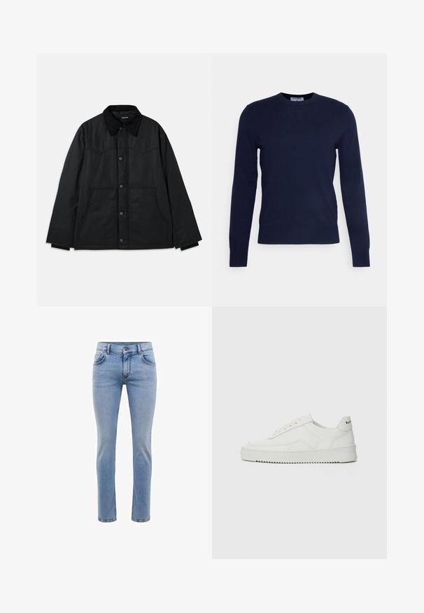 Juodas drobės švarkas su mygtukų uždarymu, kontrastinga tekstūruota apykakle, šoninėmis kišenėmis ir subtiliomis siuvimo detalėmis. Nėra matomų logotipų.; Tamsiai mėlynas apvalaus kaklo megztinis, pagamintas iš minkštos medžiagos, su ilgomis rankovėmis ir banguota apatine dalimi. Nėra jokių matomų raštų ar papuošimų.; Šviesiai mėlynos džinsinės kelnės su siauromis kojomis, penkiais kišenėmis ir tiesiomis kojomis. Su užtrauktuku ir diržo kilpomis. Švelnus paviršius.; Balti odiniai sportiniai bateliai su lygia apdaila, apvaliu pirštu, plokščiais raišteliais ir tekstūruotu padu. Pasižymi subtiliu logotipu ant kulno.