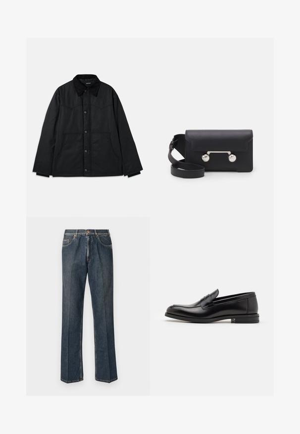 Black canvas jacket with a button closure, contrasting textured collar, side pockets, and subtle seam detailing. No visible logos.; Cream-colored knit sweater with a polo collar, ribbed cuffs, and hem, featuring a front placket and soft texture.; Dark blue straight-leg denim jeans with front button, zip fly, double front pockets, and visible vertical creases down the legs.; Black leather loafers with a smooth texture, rounded toe, and a decorative strap across the vamp. Low stacked heel, minimalist design.; Black leather crossbody bag with a flap closure, silver-tone hardware, and two round accents. Features a detachable strap. Smooth texture.