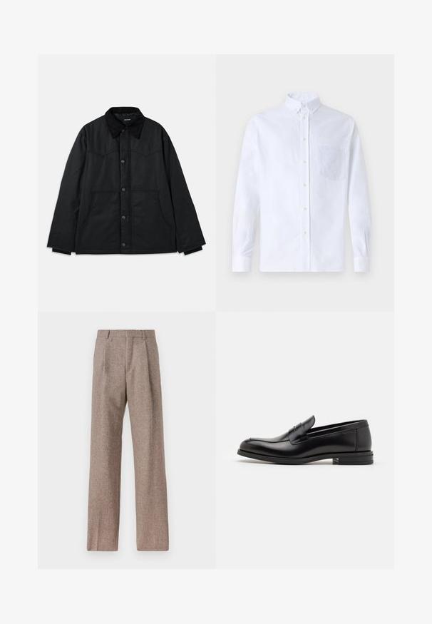 Čierna plátenná bunda s gombíkovým zapínaním, kontrastným textúrovaným golierom, bočnými vreckami a jemným prešívaním. Žiadne viditeľné logá.; Biely dlhý rukáv košeľa s gombíkmi vyrobená z bavlny, s náprsného vrecka s tonálnou výšivkou, golierom a gombíkovými manžetami.; Hnedé, vysoké nohavice vyrobené z texturovanej látky. Majú široké nohavice a dva predné záhyby pre štruktúru. Úhľadné spracovanie bez viditeľného kovania.; Čierne kožené mokasíny s hladkou textúrou, zaoblenou špičkou a dekoračným pásikom cez priehlavok. Nízky vrstvený opätok, minimalistický dizajn.