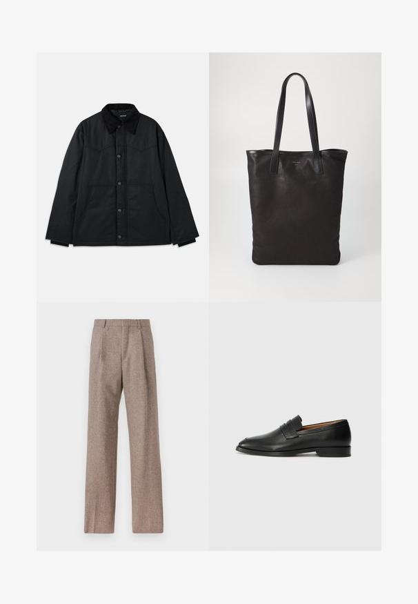 Sort kanvasjakke med knaplukning, kontrasterende tekstureret krave, sidelommer og subtile sømdetaljer. Ingen synlige logoer.; Hvid langærmet skjorte med knapper lavet af bomuld, med en brystlomme med tonal broderi, krave og knapmanchetter.; Brune, højtaljede bukser lavet af tekstureret stof. Har brede ben og to frontfoldninger for struktur. Pæn finish uden synlig hardware.; Sort læder loafer med rund tå, diskret syning, og lav hæl, der har en glat tekstur og minimalistisk design.; Sort lærred tote taske med sorte læderhåndtag. Simpelt design, rummelig krop og en glat overflade. Ingen synlige logoer eller mønstre.