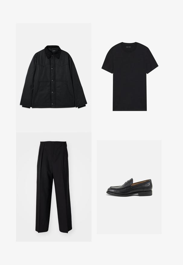 Black canvas jacket with a button closure, contrasting textured collar, side pockets, and subtle seam detailing. No visible logos.; Black cotton t-shirt with short sleeves and a round neckline. The fabric has a smooth texture and a simple, solid design.; Black pleated trousers with a straight, wide-leg design. Made from smooth fabric, featuring a button closure and belt loops.; Black leather loafers with a smooth finish, rounded toe, and decorative stitching on the vamp. Low stacked heel and slight shine.
