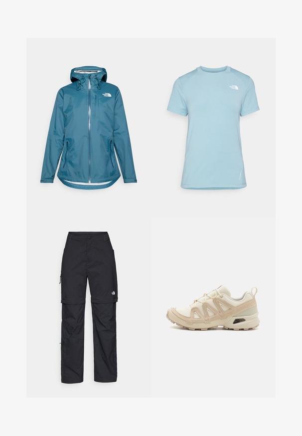 Atsparus vandeniui žalias džinsinis švarkas su kapišonu, visiškai užsegamas, su reguliuojamais raišteliais ir dviem šoninėmis kišenėmis. Ant krūtinės yra "The North Face" logotipas.; Šviesiai mėlyna trumpomis rankovėmis marškinėlė su apvalia kaklo iškirpte. Pagaminta iš minkštos medžiagos, su raglano rankovėmis ir balta logotipu virš kairiojo krūtinės kampo.; Juodos nailoninės krovinių kelnės su reguliuojamais rankovėmis, daugybe kišenių ir logo ant dešinės kojos. Lygi, lengva tekstūra.; Bežinės ir kreminės spalvos sportinės bateliai su tekstūruoto tinklelio viršutine dalimi, palaikančiomis detalėmis ir guminiais padais, turinčiais raštą, užtikrinantį sukibimą.