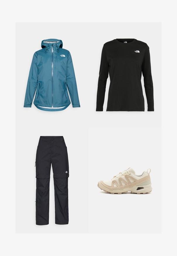 Jaqueta teal resistente à água com capuz, fecho completo, cordões ajustáveis e dois bolsos laterais. Apresenta o logótipo da The North Face no peito.; T-shirt preto de mangas longas, feito de algodão, com decote redondo. Apresenta um pequeno logótipo branco na área esquerda do peito. Design simples e ajuste confortável.; Calças cargo pretas em nylon com fechos de correr removíveis, punhos ajustáveis, múltiplos bolsos e um logótipo na perna direita. Textura suave e leve.; Sapatilha atlética beige e creme com parte superior em malha texturizada, sobreposições de suporte e sola de borracha com um padrão de cravo para tração.