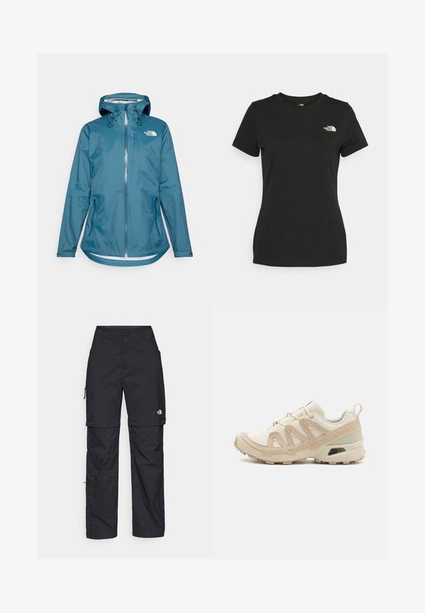 Jachetă rezistentă la apă, de culoare teal, cu glugă, fermoar complet, cordoane ajustabile și două buzunare laterale. Prezintă logo-ul The North Face pe piept.; Tricou din bumbac negru, cu guler rotund și mâneci scurte. Logo alb notabil în partea stângă sus. Textură netedă, croi casual.; Pantaloni cargo din nylon negru, cu fermoar detașabil, manșete ajustabile, multiple buzunare și un logo pe piciorul drept. Textură netedă și ușoară.; Pantofii sport bej și crem au un superior din plasă texturată, suprapuneri de susținere și o talpă din cauciuc cu un model de profil pentru aderență.