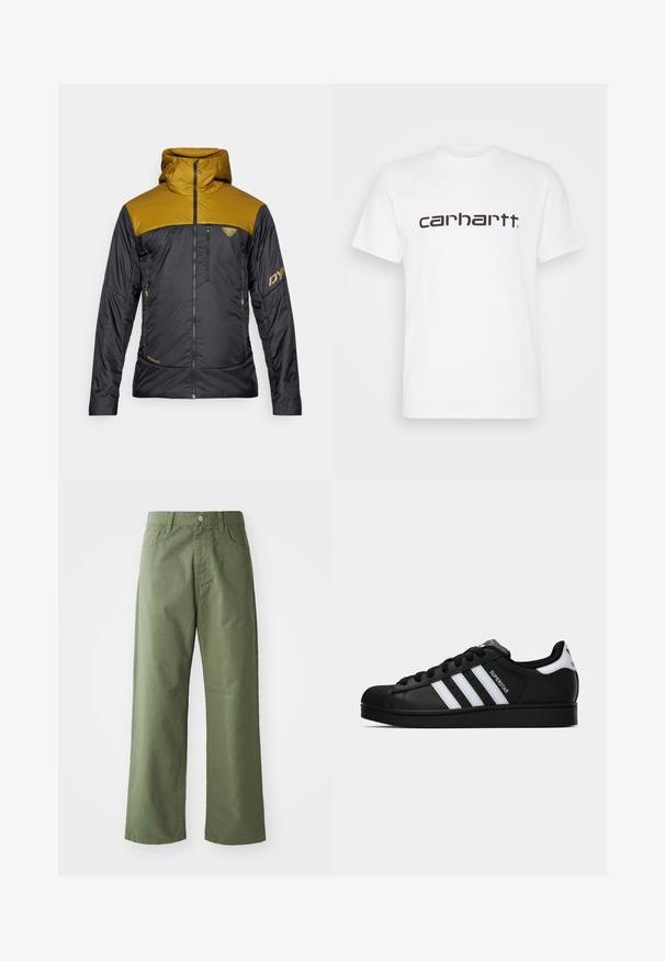 Dynafit RADICAL HOOD - Jakna za prosti čas - black out relic; Bela bombažna majica s kratkimi rokavi in krožnim izrezom. Ponaša se z velikim temno rjavim logotipom "carhartt" čez prsa.; Olive zelene široke hlače iz bombaža. Imajo zanke za pas, sprednje zapiranje na gumb in stranske žepke. Gladka tekstura.; Črne superge Adidas Superstar z belimi črtami, zaščitnim pokrovom na prstih in napisom "Superstar" na strani, prikazane v bočnem profilu na beli podlagi.