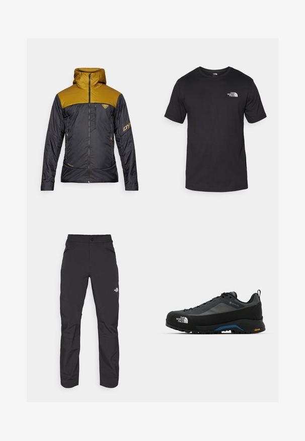 Dynafit RADICAL HOOD - Ulkoilutakki - black out relic; Mustat lyhythihaiset t-paidat, jotka on valmistettu puuvillasta. paidassa on pyöreä pääntie ja pieni valkoinen logo vasemmassa ylärintataskussa.; Mustat ulkoiluhousut vetoketjullisella etutaskulla, synteettisestä materiaalista, kapenevilla lahkeilla ja vahvistetuilla polviosilla. Varustettu nappisuljennalla.; The North Face VERTO ALPINE GORE TEX - Vaelluskengät - asphalt grey/tnf black