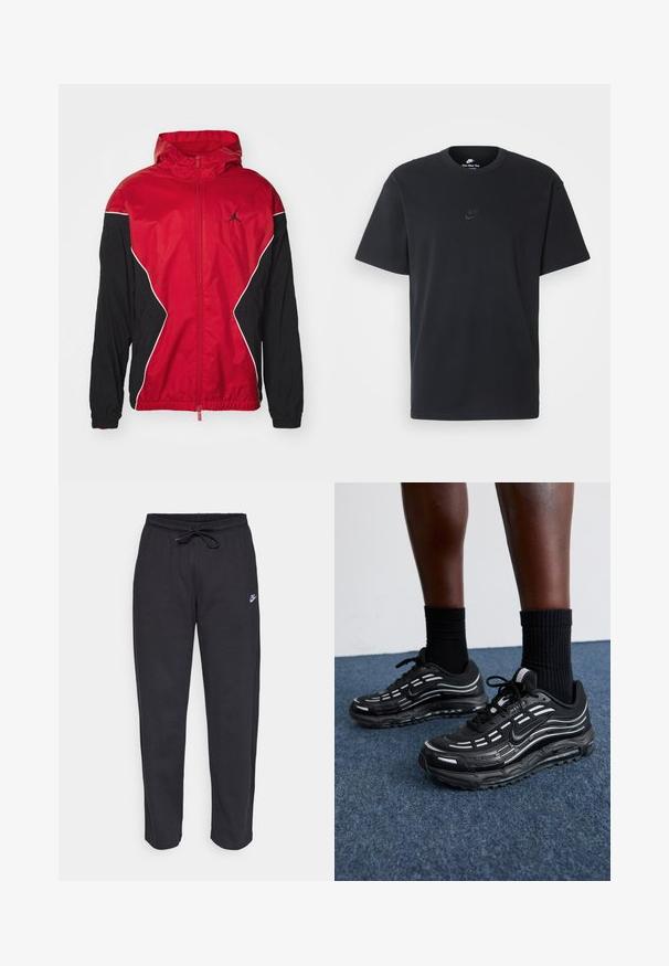 Red and black windbreaker jacket with a hood, zip closure, white accents, and a black Jumpman logo on the chest. Features elastic cuffs.; Nike black cotton t-shirt with a classic crew neck, short sleeves, and a subtle, embossed logo on the chest. Smooth texture.; Black sweatpants made of soft fabric with an elastic waistband, drawstring, and a small Nike logo on the left thigh.; Black Nike shoes feature a mesh upper with accent stripes, textured lacing, and a black rubber sole. Worn with black ribbed socks.