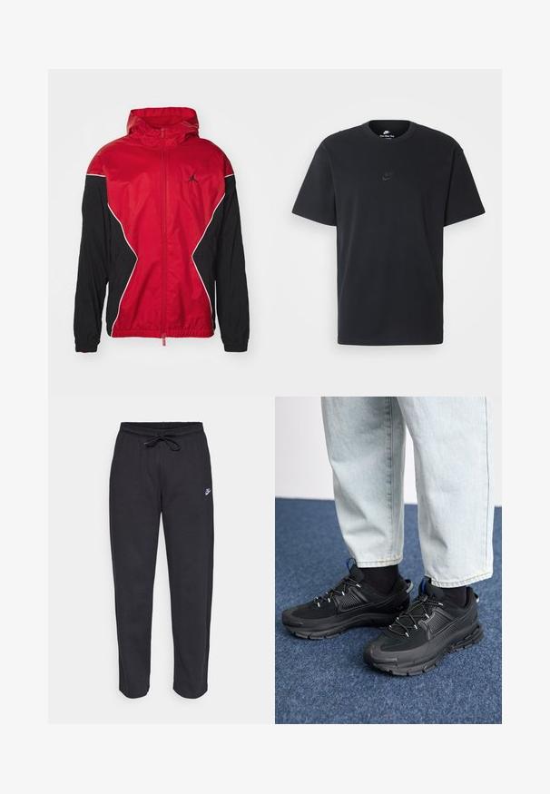 Červená a černá větruodolná bunda s kapucí, na zip, s bílými akcenty a černým logem Jumpman na hrudi. Má elastické manžety.; Černé bavlněné tričko Nike s klasickým kulatým výstřihem, krátkými rukávy a decentně vyraženým logem na hrudi. Hladký povrch.; Černé tepláky vyrobené z měkké tkaniny s elastickým pasem, šňůrkou na stažení a malým logem Nike na levém stehně.; Černé sportovní boty s texturovanou tkaninou a gumovou podrážkou, s elastickými tkaničkami a modrým akcentem na patě. Nosí se s světlými džíny.