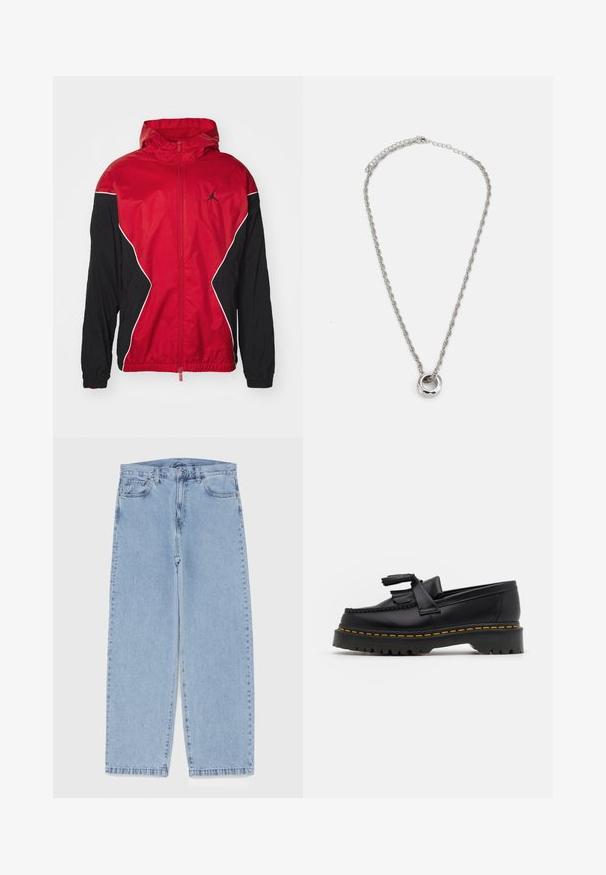 Rdeča in črna vetrovka s kapuco, z zadrgo, belimi detajli in črnim Jumpman logotipom na prsih. Ima elastične manšete.; Črne majice brez rokavov v paketu treh. Rebrasta struktura, standardni okrogel izrez, brez rokavov. Rob ima majhen logotip blagovne znamke na dnu.; Svijetloplave traperice s ravnim nogavicama, srednjeg struka, pet džepova te zatvaranjem na gumb i munju.; Črne usnjene loafersice s kaširanim naglasom, z debelim črnim podplatom in rumenim šivom ob robu. Teksturirana površina.; Srebrn toniran kovinski uhani z obliko zavitih verig in okroglim obeskom s poliranim zaključkom.