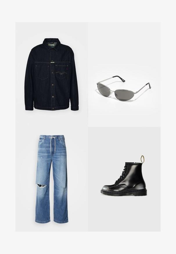 Temno jeansa jakna s ovratnikom, dvema prsnih žepoma in zapiranjem na gumbe. Ima kontrastne rumene šive in blagovno oznako.; Temno vijolični pleteni brezrokavnik z teksturiranim vzorcem, v-vratom in petimi rjavimi gumbi spredaj. Ribo meje na robu in armarnicah.; Bela majica s kratkimi rokavi iz bombaža, z okroglo ovratnikom in sproščenim krojem ter ravnim robom. Brez vzorcev ali okrasnih elementov.; Svetlo modri kavbojke z ohlapnim krojem, z belim vrvico na pasu in izrazitimi raztrganinami spredaj, ki kažejo na odrgnjene robove.; Črne usnjene gležnjarje s sijajno površino, osem luknjicami, črnimi vezalkami in zanko za pomoč pri obuvanju. Imajo teksturiran podplat z globokim profilom.; Sončna očala z elegantnim srebrnim kovinskim okvirjem, sivi zasenčeni leči in aerodinamičnim oblikovanjem, ki vključuje ostri robovi in tanke ročke.