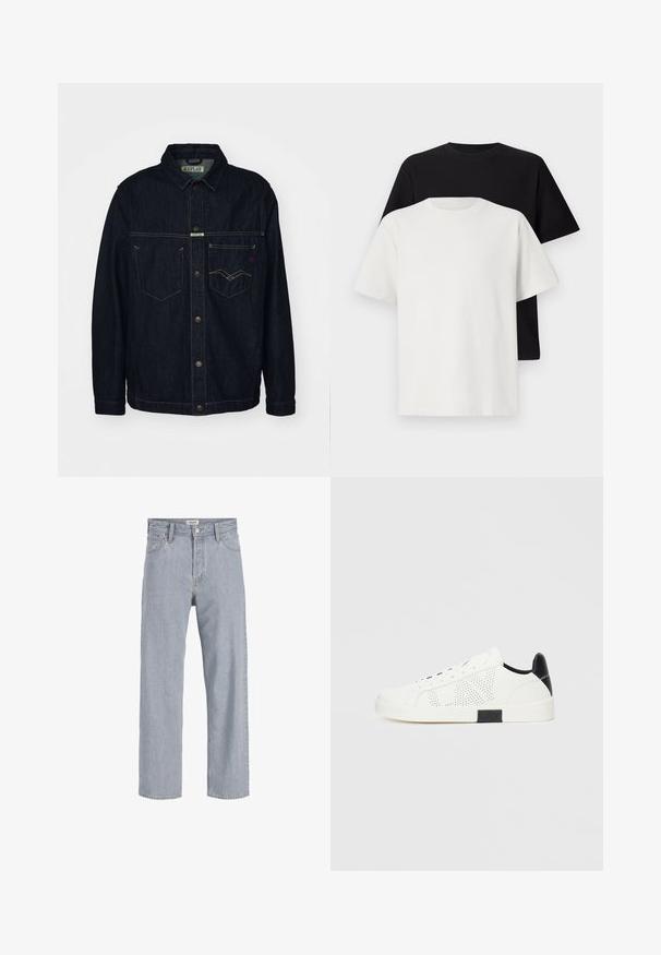 Mörk denimjacka med skjortkrage, två bröstfickor och knappstängning. Har kontrasterande gul sömnad och en märkesetikett.; Set med bomullströjor som inkluderar en svart och en vit topp, båda med korta ärmar, rund halsringning och standard passform. Strukturerad tyg.; Ljusblå denimjeans med en avslappnad passform, rak bendesign, synlig sömnad, två framtida fickor och knappstängning.; Vita sneakers med perforerad design, svart hälaccent och vit gummisula. Har snören och logotyp på sidan. Slät läderkänsla.