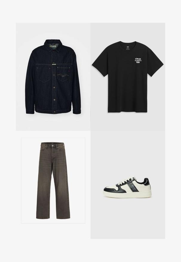 Dark denim jacket with a shirt collar, two chest pockets, and button closure. Features contrasting yellow stitching and a branded label.; Black cotton t-shirt featuring a chest print that reads "HOUSE PLANTS" in white stylized font with "Levi's" below. Classic crew neckline.; Wide-leg jeans in dark grey denim, featuring a high waist, classic five-pocket design, and contrasting stitching along the seams.; Leather sneakers with a black and cream color scheme, featuring perforated accents, a padded collar, and a textured outsole.