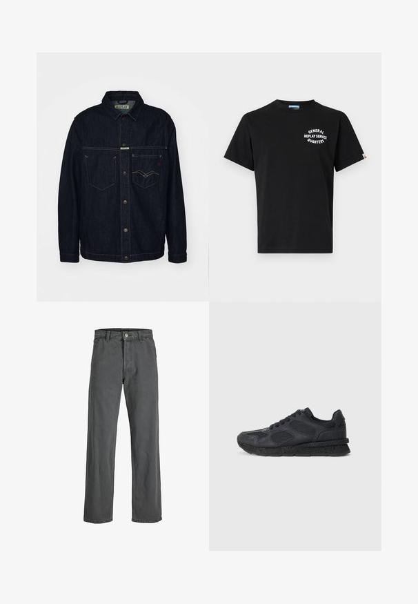 Tmavomodrá denimová bunda s košeľovým golierom, dvomi náprsnými vreckami a zapínaním na gombíky. Obsahuje kontrastné žlté stehy a značkový štítok.; Čierne bavlnené tričko s krátkymi rukávmi a okrúhlym výstrihom. Na hrudi má biele písmeno "GENERAL REPLAY SERVICE QUARTERS".; Tmavo šedé široké džínsy vyrobené z denimu. Majú predné zapínanie na gombík a zips, pútka na opasok a klasický dizajn s piatimi vreckami.; Replay ARTHUR ATOM - Tenisky - black