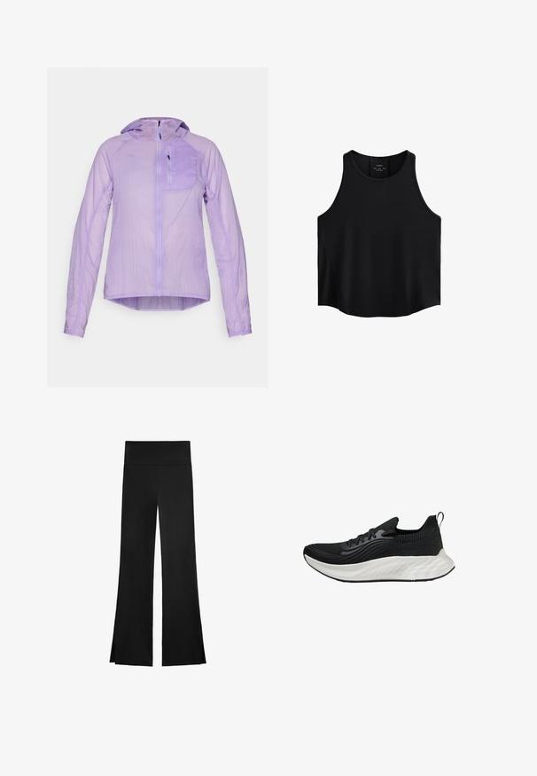 HOKA SKYFLOW JACKET - Windjack - aster flower; Zwarte mouwloze top van gladde stof, met een ronde halslijn, rechte snit en zijpanelen met een subtiele textuur.; Zwarte broek met een wijd beenontwerp, voorzien van een hoge tailleband en zijsplitten voor gemakkelijke beweging. Gemaakt van een gladde, rekbare stof.; Zwarte sportieve schoen met een gestructureerde bovenkant, een witte gewatteerde zool en subtiele branding. Voorzien van een trekhaak en vetersluiting.