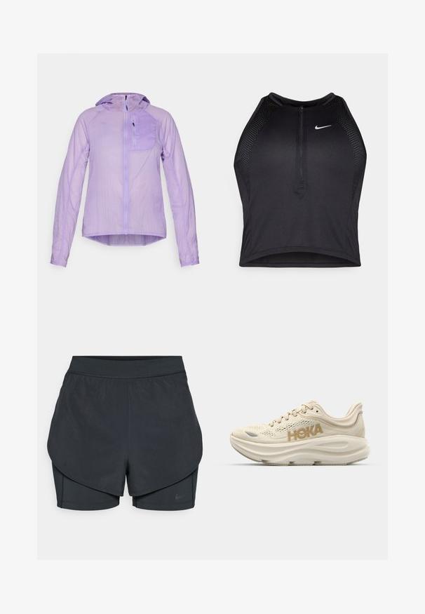 HOKA SKYFLOW JACKET - Tuulejope - aster flower; Must negra spordiline crop top, millel on lukk ees, võrgukangast detailid ja vormiv disain. Valmistatud venivast ja hingavast kangast. Nike logo ees.; Mustad musta sportlikud lühikesed püksid kihilise disainiga, millel on sile välimine kiht ja istuvad sisepüksid. Valmistatud kergest, venivast kangast.; Heled beez jooksujalanõud, millel on võrkkangast ülemine osa, pehmendatud kaelus, silmatorkav kuldne "HOKA" logo ja paks, pehmendatud tallatoode mugavuse tagamiseks.