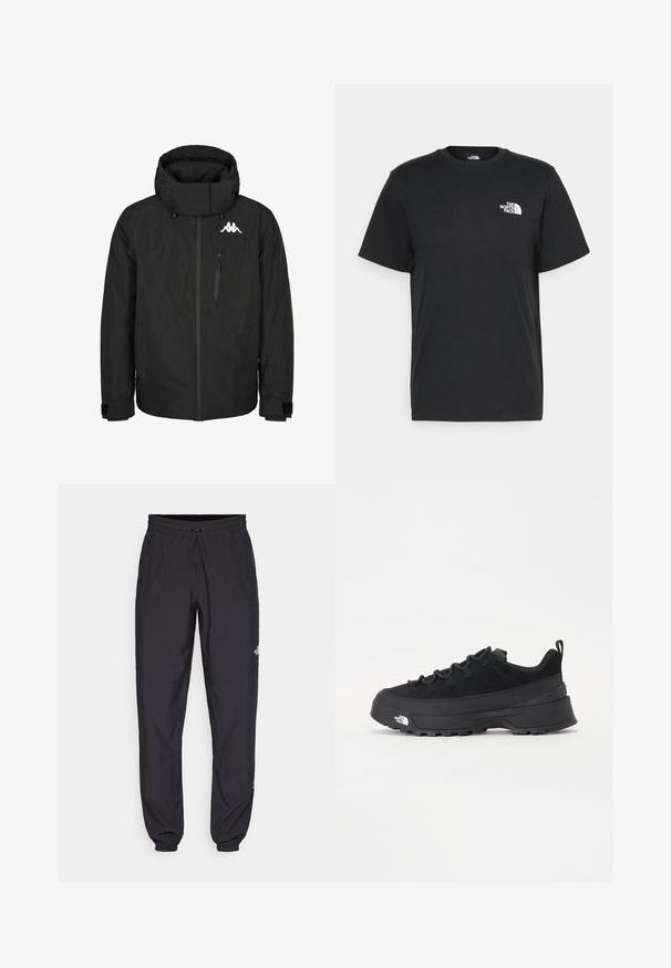 Crna izolirana jakna s visokim ovratnikom, zatvorenim prednjim dijelom, velikom kapuljačom, podešavanim rukavima i logotipom na prsima. Ima bočni zip džep.; Crna pamučna majica s kratkim rukavima, okruglim izrezom i malim bijelim logotipom na lijevoj strani prsa. Jednostavan dizajn, glatka tekstura i opušteni kroj.; Crne sportske hlače od lagane tkanine, s pojasom na vezanje, bočnim džepovima i suženim manžetama na gležnjevima.; Crne vanjske tenisice s gornjim dijelom od antilopa, teksturiranim gumenim potplatom i čvrstim sustavom vezanja. Imaju ojačan petni deo i logo brenda sa strane.