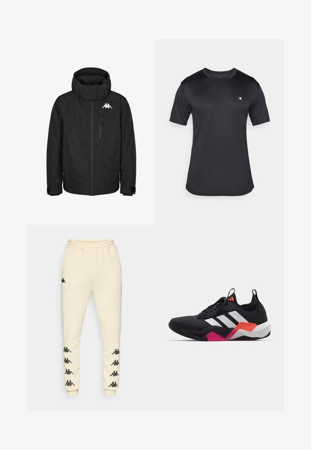Musta eristetty takki korkealla kauluksella, vetoketjulla edessä, suurella hupulla, säädettävillä hihansuilla ja rintalogolla. Sisältää sivuvetoketjullisen taskun.; Musta lyhythihainen urheilupaita, joka on valmistettu teksturoidusta, hengittävästä kankaasta; siinä on pyöreä pääntie ja logo vasemmassa rinnassa.; Valkoiset hupparit, joissa on mustat Kappa-logot molemmilla sivuilla ja joustava nyöri vyötäröllä.; Musta urheilukenkä valkoisilla raidalla, teksturoitu päällinen ja paksu pohja, jossa oranssia, vaaleanpunaista ja valkoista korostusta. Nauhakiinnitys ja vetotappi.