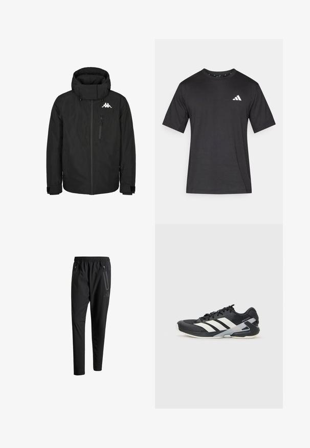 Svart isolert jakke med høy krage, glidelås foran, stor hette, justerbare mansjetter og et merke på brystet. Har en sidelomme med glidelås.; Svart kortermet t-skjorte laget av tekstil med en jevn overflate; har et hvitt logo på brystet og en rund halslinning.; Svarte treningsbukser med elastisk liv, to glidelåslommer på sidene, avsmalnende ben og en subtil logo detalj ved hoften.; Svart treningssko med hvite striper, mesh-overdel, avrundet tå og polstret såle. Har en teksturert hæl og et sikkert snøresystem.