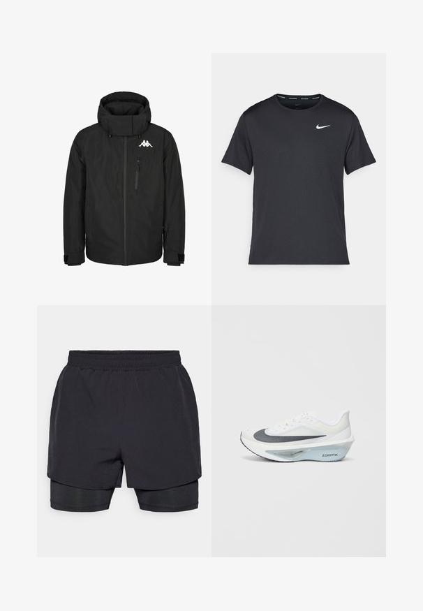 Schwarze isolierte Jacke mit hohem Kragen, Reißverschluss vorne, großer Kapuze, verstellbaren Manschetten und einem Logo auf der Brust. Verfügt über eine seitliche Reißverschlusstasche.; Schwarzes Nike Lauft-Shirt aus leichtem, atmungsaktivem Material, mit kurzen Ärmeln und einem kleinen weißen Logo auf der Brust.; Schwarze Sportshorts mit elastischem Bund, geschichtetem Design und passendem Innenfutter. Glatte Textur, für Komfort ausgelegt.; Weißer Sportschuh mit einem grauen Mesh-Obermaterial, einer blauen ZoomX-Schaumzwischensohle und einer gewölbten Außensohle für verbesserte Antrieb und Komfort.