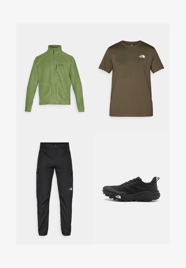 Columbia FAST TREK™ FULL ZIP - Fleece jacket - canteen; Olive green cotton t-shirt with short sleeves, crew neck, and a white logo on the left chest. Smooth fabric texture, regular fit.; The North Face HORIZON PANT - Outdoor trousers - black; Black trail running shoe with a textured upper, rubber sole, and reinforced toe cap. Features a padded collar and pull tab for easy wear.
