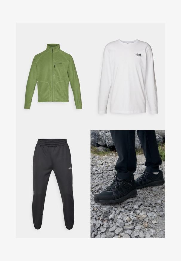 Columbia FAST TREK™ FULL ZIP - Fleecejas - canteen; Witte lange mouwen T-shirt gemaakt van katoen met een ronde hals. Beschikt over een klein zwart logo op de borst. Soepele textuur, normale pasvorm.; Zwarte sweatpants met een trekkoord in de taille, tapered fit, elastische boorden en een klein wit logo op de linker dij, gemaakt van gladde stof.; Zwarte buitenschoenen van mesh en synthetisch materiaal, met een gestructureerd bovenwerk, een beveiligd vetersysteem en een robuuste zool, op een ruig terrein.