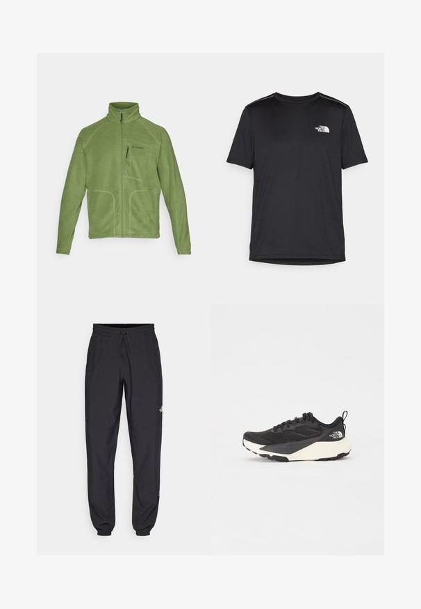 Columbia FAST TREK™ FULL ZIP - Casaco polar - canteen; T-shirt preto de manga curta feito de um tecido leve. Apresenta um pequeno logo branco ao lado esquerdo do peito e detalhes subtis nos ombros.; Calças atléticas pretas feitas de tecido leve, com um cós ajustável por cordão, bolsos laterais e punhos afunilados nos tornozelos.; Sapatilha atlética preta com parte superior em malha texturada, detalhes pretos sólidos e sola leve branca. Apresenta fecho com atacadores e alça de puxar.