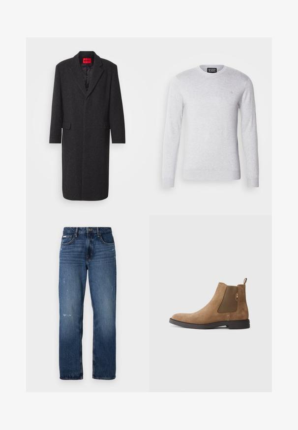 Juodas vilnos mišinio paltas su pritaikytu siluetu, išpjautomis apykaklėmis, dviem priekinėmis kišenėmis ir blizgiu interjero pamušalu. Matoma prekės ženklo etiketė.; Šviesiai pilkas megztinis su ilgomis rankovėmis, apvaliu iškirpimu ir mažu logotipu siuvinėtu ant krūtinės. Minkšta tekstūra, kasdieniškas dizainas.; Mėlynos džinsinės kelnės su tiesiu klešnių dizainu. Yra šiek tiek nusidėvėjimo ir šviesių dėmių priekyje, su klasikiniu uždarymu mygtuku.; Rudos zomšos Chelsea batojai su elastinėmis šoninėmis juostelėmis ir vilkimo kilpomis. Savybės: apvalus pirštas ir plokščias guminis padas stabilumui.