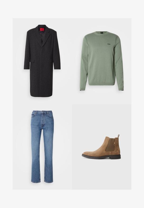 Čierny kabát z vlnenej zmesi s upraveným strihom, s klopovým golierom, dvoma prednými vreckami a lesklou podšívkou. Viditeľná značka.; Svetlozelený pletený sveter s dlhými rukávmi, okrúhlym výstrihom, rebrovanými detailmi a čiernym logom "BOSS" na hrudi. Hladká textúra.; Modré denimové džínsy s vysokým pásom, rovnými nohavicami a jemným vyblednutím. Majú klasický strih s piatimi vreckami a zapínanie na zips.; Hnedé semišové Chelsea topánky s elastickými bočnými panelmi a pútkom. Majú zaoblenú špicu a plochú gumovú podrážku pre stabilitu.